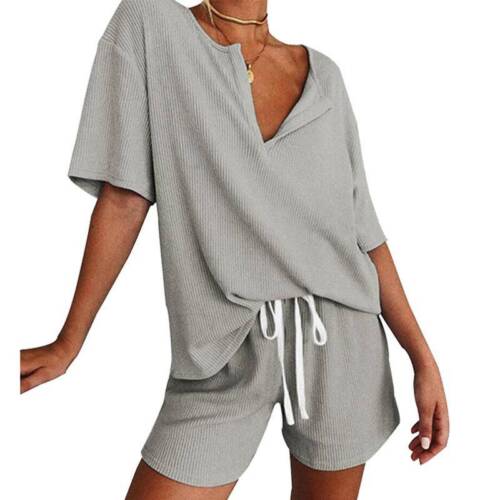 Womens Casual Lounge Pajamas Set V Neck Loose T Shirt Shorts Sleepwear Nightwear 
