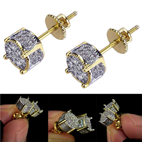 2x Gold Plated Two Tone Cz Micropave Earring Stud Round Hip Hop Screw Backings 