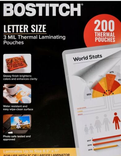 Bostitch 8.5"x11" Letter Size 3 MIL Thermal Laminating 200 Pouches 