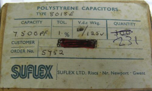 5x Suflex 7500pF 7.5nF 0.0075uF 125V polystyrene axial capacitor vintage 1/% 7N5