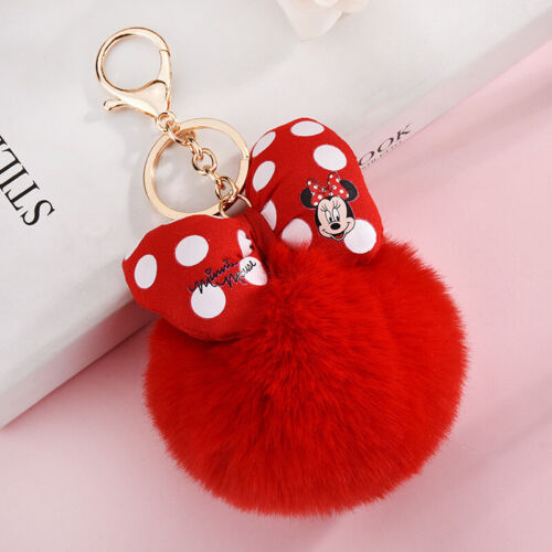 Cute Mickey Minnie Mouse Keychain Pom Pom Fluffy Fur Ball Car Bag Keyring Gift