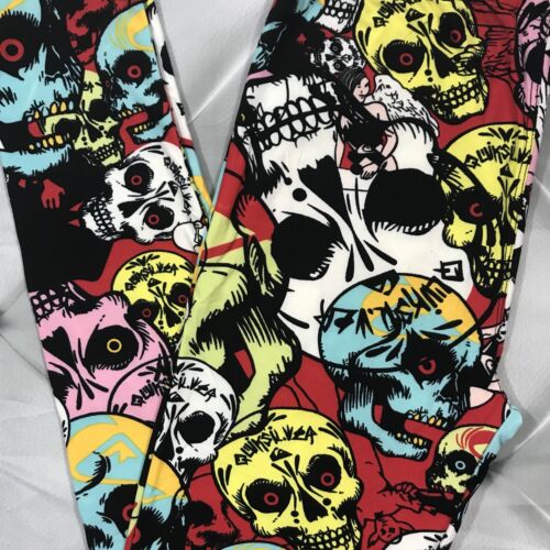 NEW Skull Abstract Print Buttery Soft Leggings Pants OS 2-10 Red Black One Size 