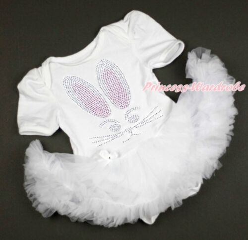 Easter Rhinestone Rabbit Bunny White Bodysuit White Pettiskirt Baby Dress NB-18M
