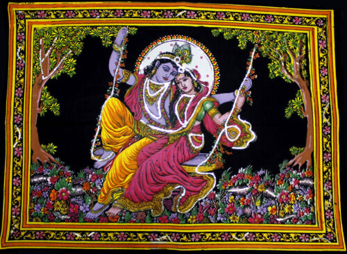 Hindu Krishna Radha Swing Sequin Wall Hanging Indian Ethnic Decor Tapestry Art 