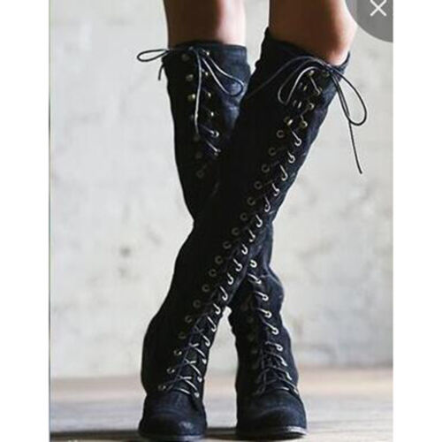 Details about  / Women Lace Up Knee High Rivet Long Boot Motorcycle Combat Pointy Toe Riding Shoe