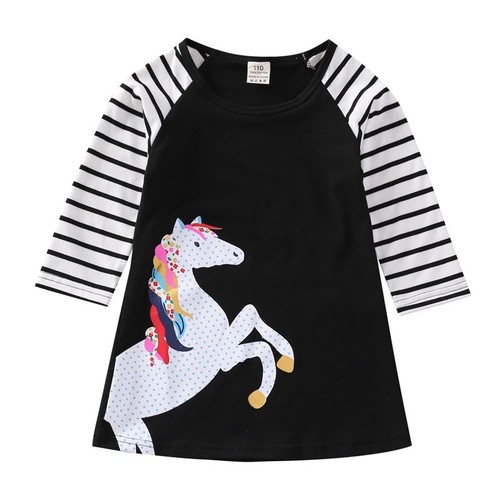 Girls Baby Kids Unicorn Long Sleeve Striped T-shirt Dress Tunic Costume Age 2-9Y