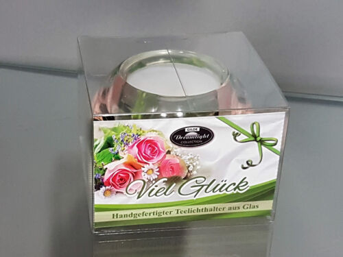 Geschenk Teelichthalter Viel Glück aus Glas Dreamlight Deko Kerze edel Blume