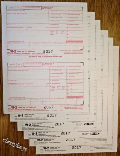 6-part LASER 2017 IRS Tax Form W-2 Wage Stmt single sheet set for 2 employees