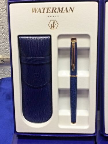 Waterman Hemisphere Blue Marble  & Gold Rollerball  Pen &  Leather Pouch New 