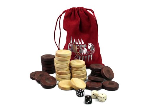 WOODEN BACKGAMMON PIECES/CHIPS/CHECKERS 35 MM  BRAND NEW WITH 4 DICES. 