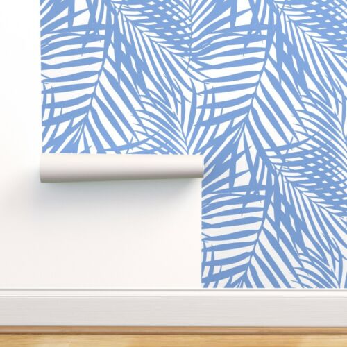 Removable Water-Activated Wallpaper Palm Fronds Leaves Blue Tropical Summer Palm