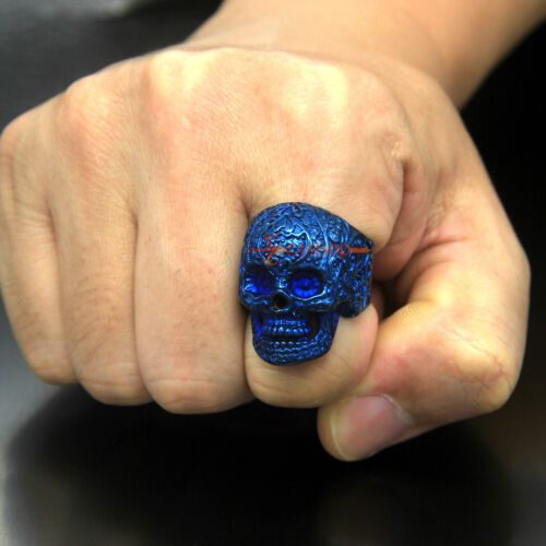Vintage Tribal Flower Skull Stainless Steel Men's Ring Silver/Black/Gold/Blue 