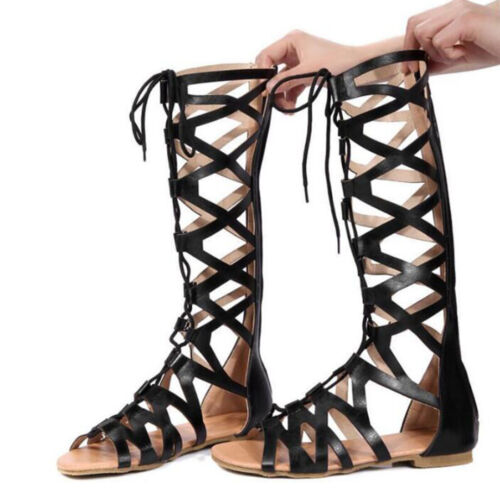 Womens Ladies Flat Knee High Gladiator Sandals Strappy Beach Cut Out Boots Size 