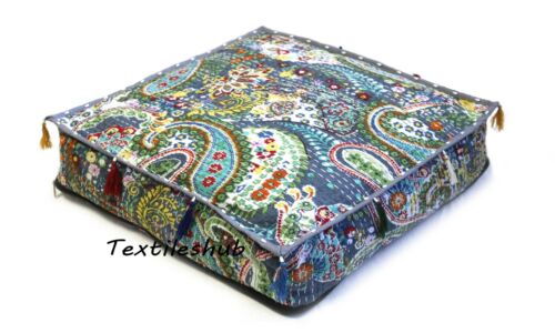 18" Indian Grey Square Paisley Handmade Home Décor Kantha Floor Cushion Cover US 