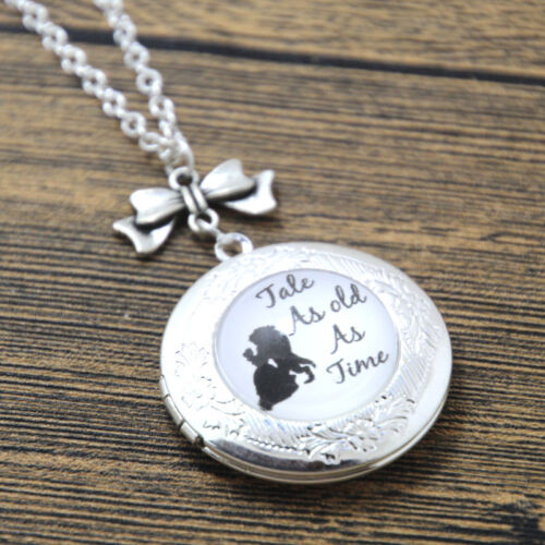 Tale As Old As Time Locket Necklace silver tone Bow charm message necklace