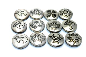 12-Vintage-1950s-NAVAJO-Modernist-Sterling-Silver-TRIBAL-DESIGN-Button-Covers