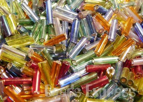 15g 450pc Silver Lined Glass Bugle Seed Beads 7mm Assorted Mix Colours 