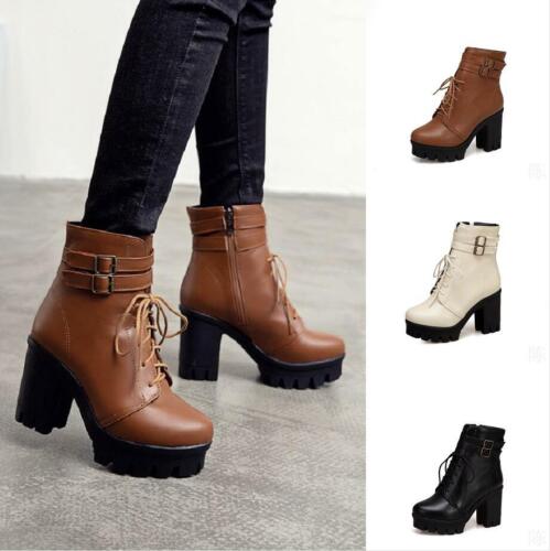 Details about  &nbsp;Womens Platform Non-slip Ankle Boots Zip Lace Up Round Toe Punk 8cm Heel Shoes