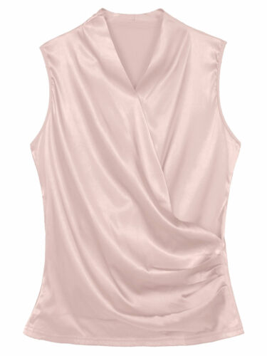 Women/'s V Neck Cross Wrap Cami Tank Tops Casual Sleeveless Satin Blouse Shirts