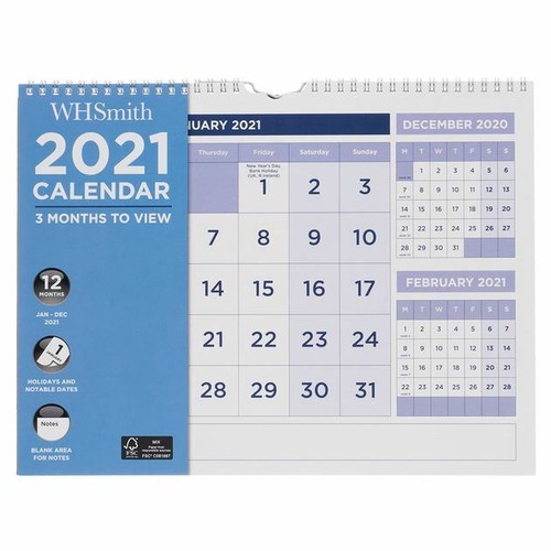 WHSmith 2021 3 Month To View Commercial Wall Calendar With Blank Area Notes