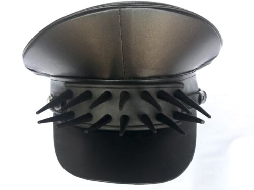 Military Style Black Leather Look Hat With Rubber Spikes 58cm 