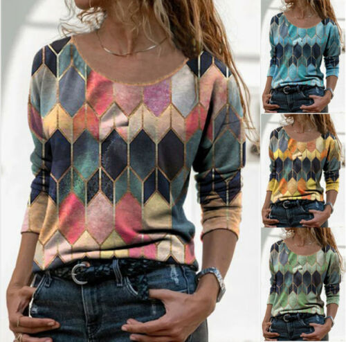 Women Casual Long Sleeve T Shirt Loose Top Geometric Print Pullover Blouse S-3XL