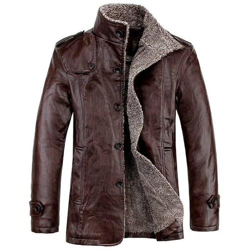 Plus Size Men Solid Winter Warm Stand-Up Collar Jacket Button Down Trench Coat
