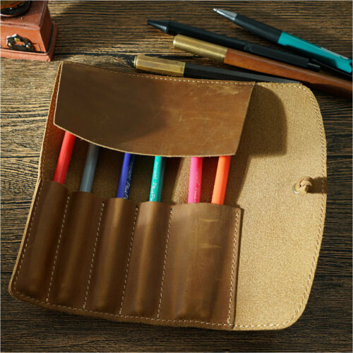 Handmade Cowhide Leather Pen Pouch Vintage Roll-up Pencil Case Bag Pen Curtain 