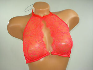 Victoria Secret Bra Unlined Demi Sheer High Neck Chantilly Lace Red