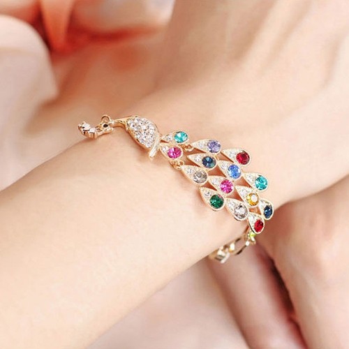 Damen Kristall Strass Bunt Pfau Gold Armband Armreif Armschmuck Kettenarmband