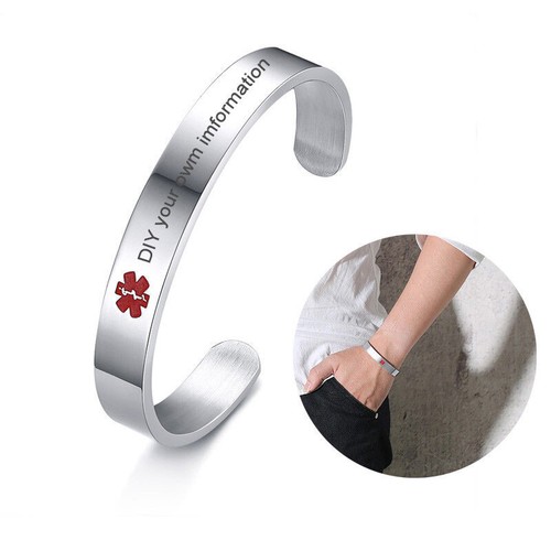 Hommes Argent Bangle Bracelet Manchette Ouverte Medical ID de l/'alerte en direct d/'épargne Custom graver