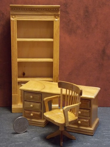 Dollhouse Miniature Oak Desk Chair Shelf Set 1:12 inch scale J6 Dollys Gallery