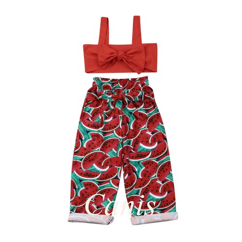 Toddler Baby Girl Sleeveless Top Bow Pants Sunsuit Outfit Watermelon Clothes Set
