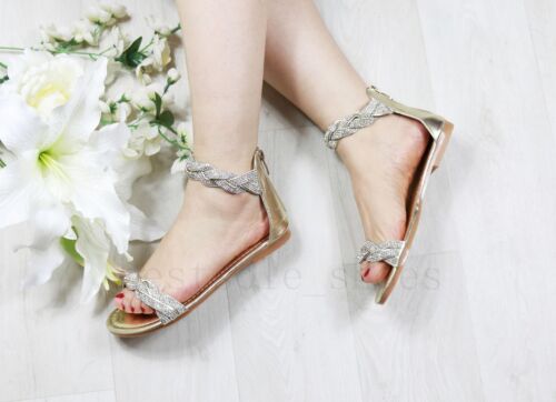 Damas Mujeres Sandalias De Diamante Con Cordones Tobillo con Tiras Plano De Verano Playa Zapatos Talla 