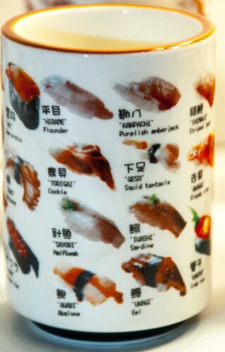 NEW Sushi Pictures Menu Tea Cup No Handle Mug English Japanese Names Restaurant 