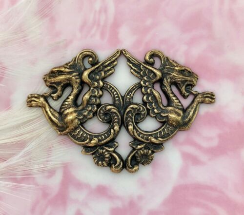 ANTIQUE BRASS Double Medieval DRAGONS Stamping ~ Oxidized Findings C-1201