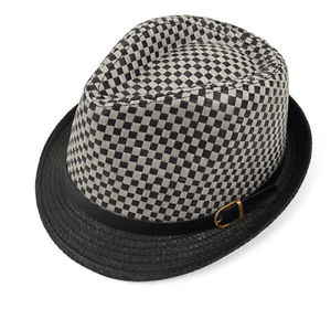 Men Summer Two-Tone Woven Gray Fedora Hat with Faux Leather