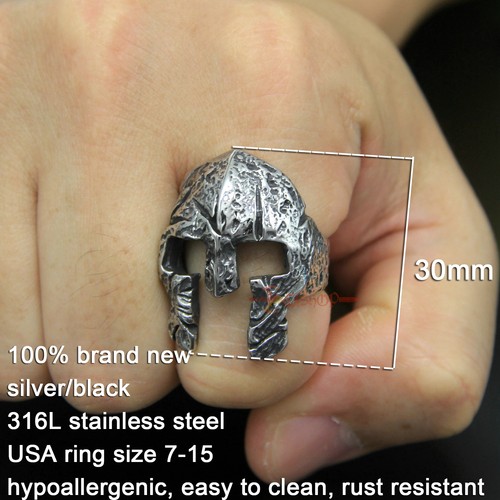 Men/'s Stainless Steel Greek Spartan Masque Casque de Chevalier bague vintage argent//noir