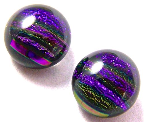 DICHROIC Glass Earrings Round Purple Violet Striped Texture Post 1//4/" 10mm STUDS