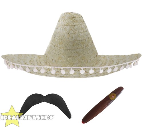 NATURAL COLOUR MEXICAN SOMBRERO STRAW HAT POMPOMS ADD ACCESSORY MOUSTACHE CIGAR