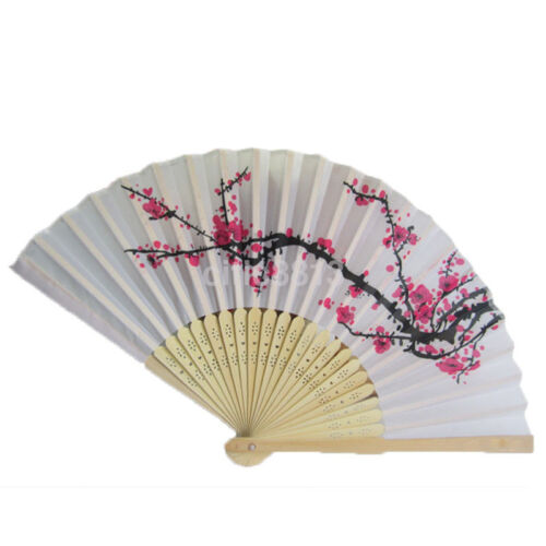 Fancy Chinese Japanese Hand Held Folding Cherry Blossom Silk Bamboo Wedding Fan 