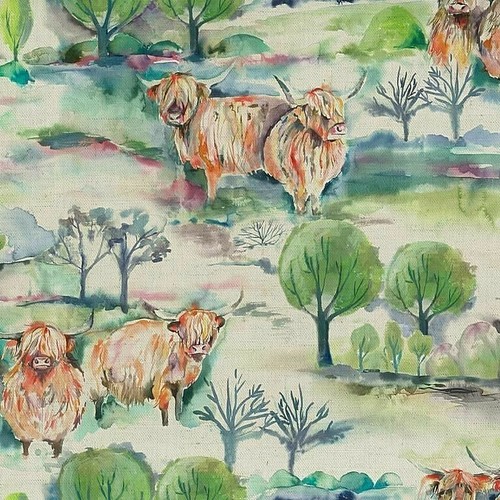 Voyage Maison Heilan Herd SageHighland Cow FabricPer MeterIn Stock