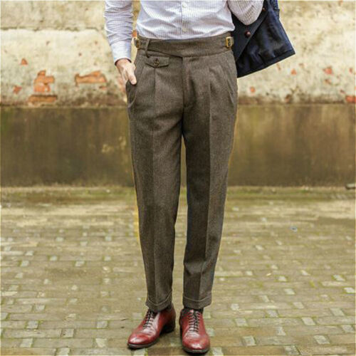 Señores wollmischung huesos de pescado pantalones vintage tweed pierna recta vestido pantalones