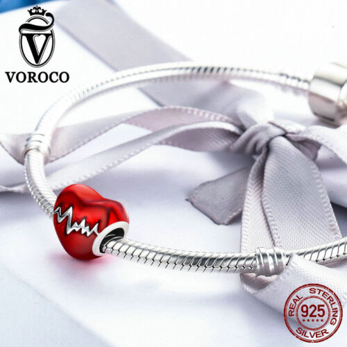 Voroco ECG Heartbeat S925 Sterling Silver Red Charm Bead Fit Bracelet Necklace 