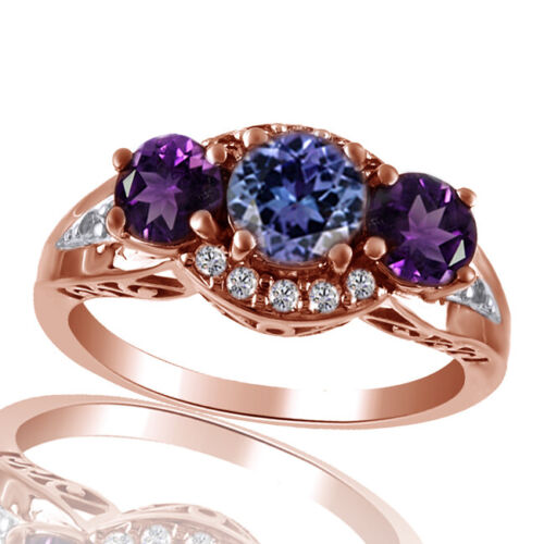 Details about  / Multi-Gemstone Three-Stone Ring 18K Rose Gold Over Sterling Silver 925