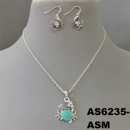 Unique Aqua Sea Glass Stone Sea Crab Design Silver Finish Necklace & Earrings 