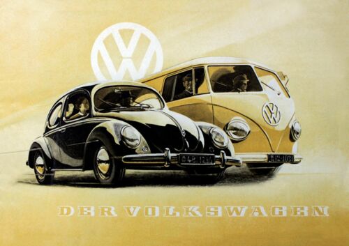 Vintage German Volkswagen Beetle and Transporter Poster