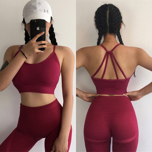 Women Seamless Yoga Suits Padded Racerback Tops+High Waist Yoga Pants Pants HBQ
