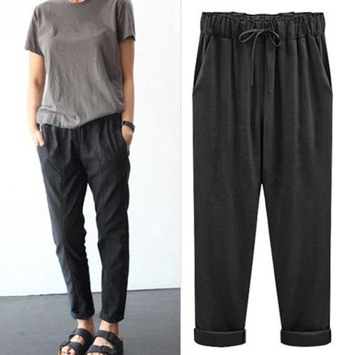 Damen Leinen Caprihose Sommer Lose Freizeit Haremshose Strandhosen Taschen Baggy