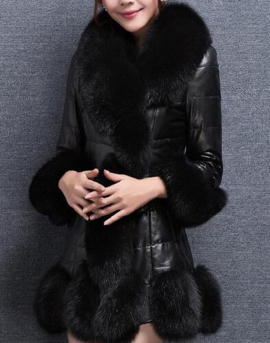Women Coat Jacket Warm Outwear Fur Collar Cuff Hem Slim Fit PU Leather Thicken